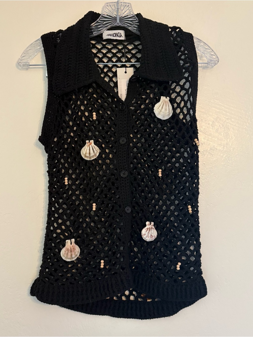 Black Crochet Shell-Embellished Sleeveless Tank